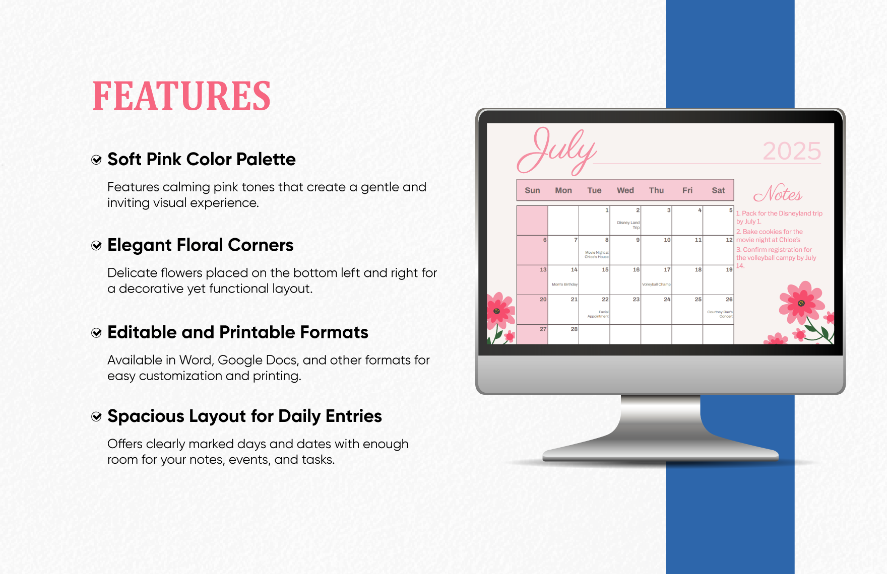 Floral July 2025 Calendar Template