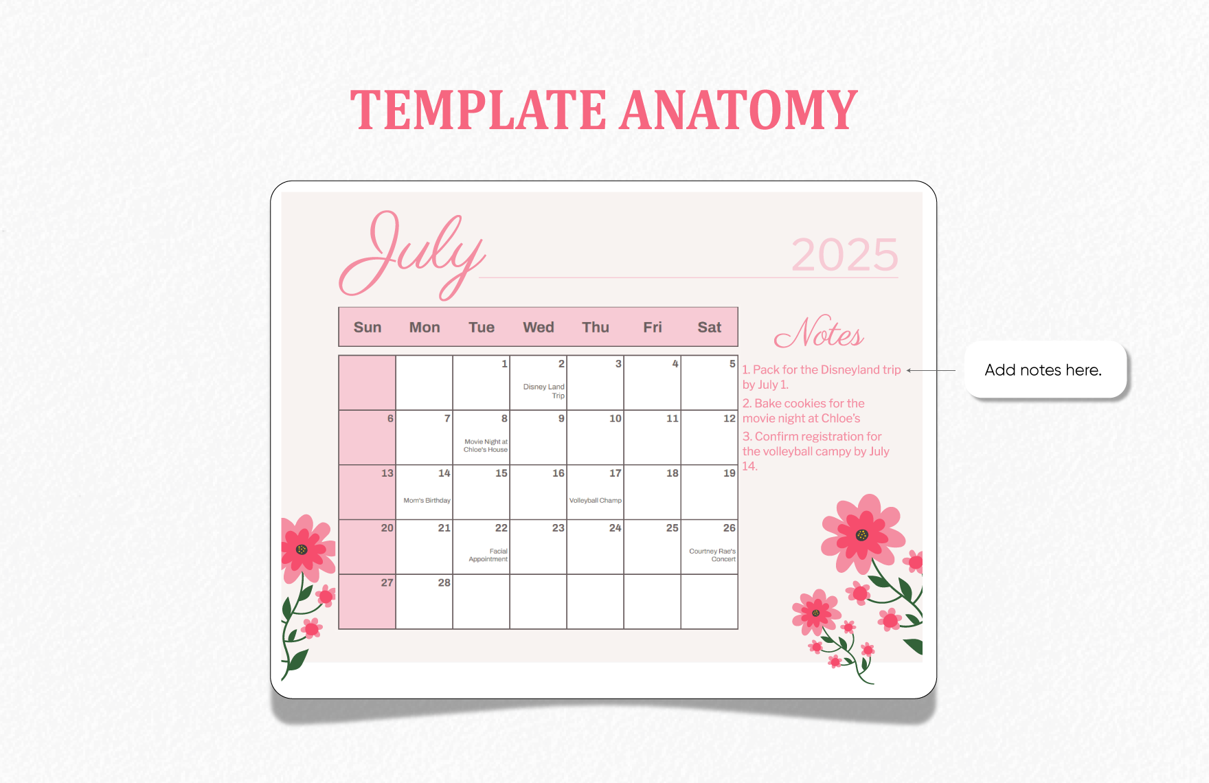 Floral July 2025 Calendar Template