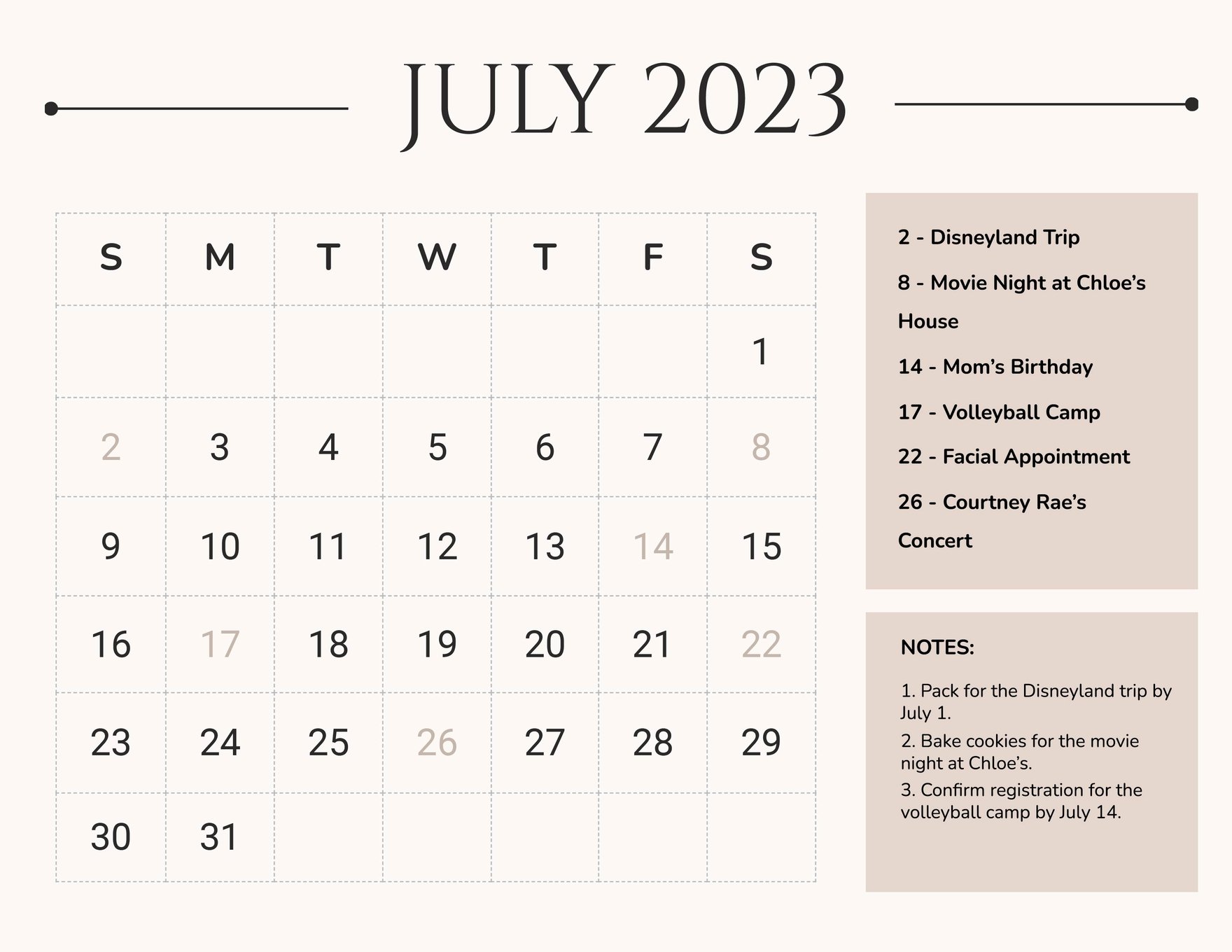 Printable July 2023 Calendar Template