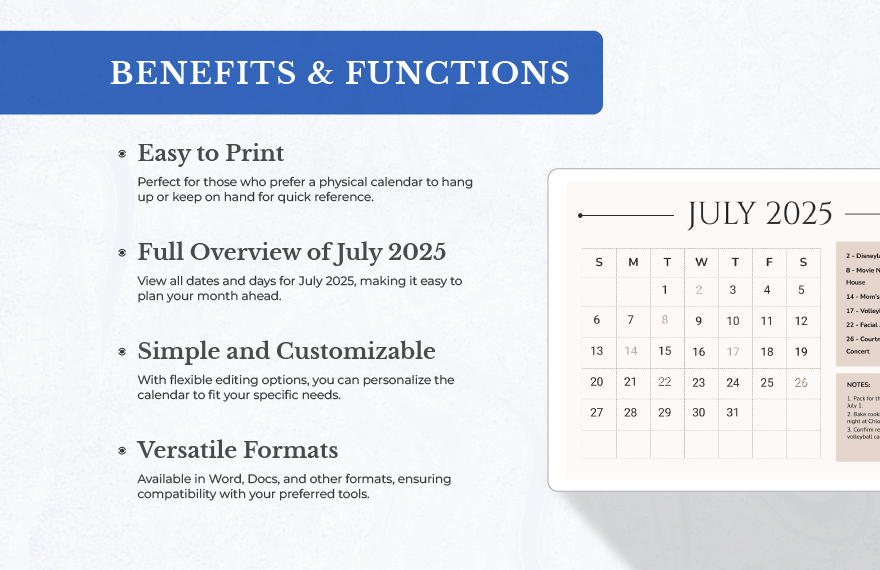 Printable July 2025 Calendar Template