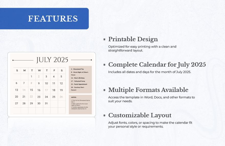 Printable July 2025 Calendar Template