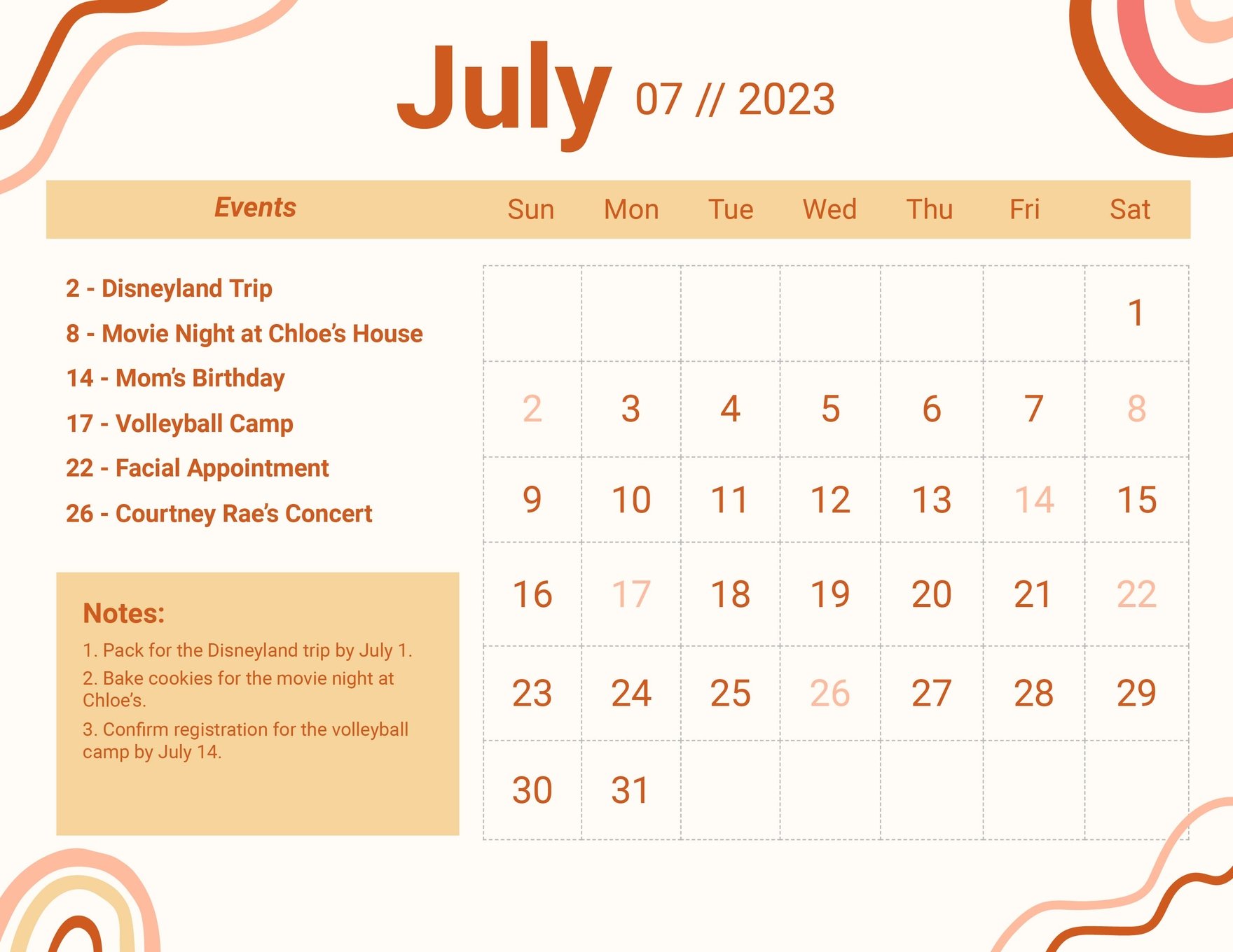 Pretty July 2023 Calendar