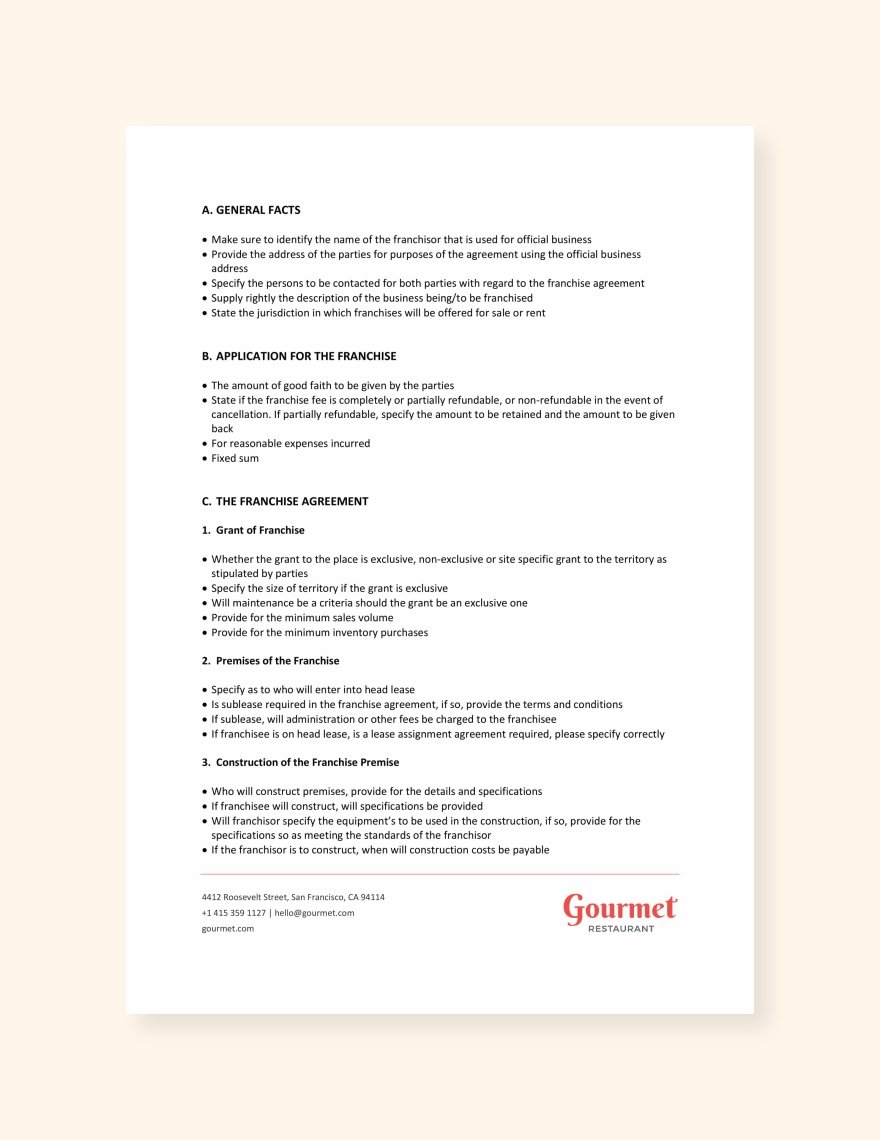 Restaurant Franchise Agreement Checklist Template