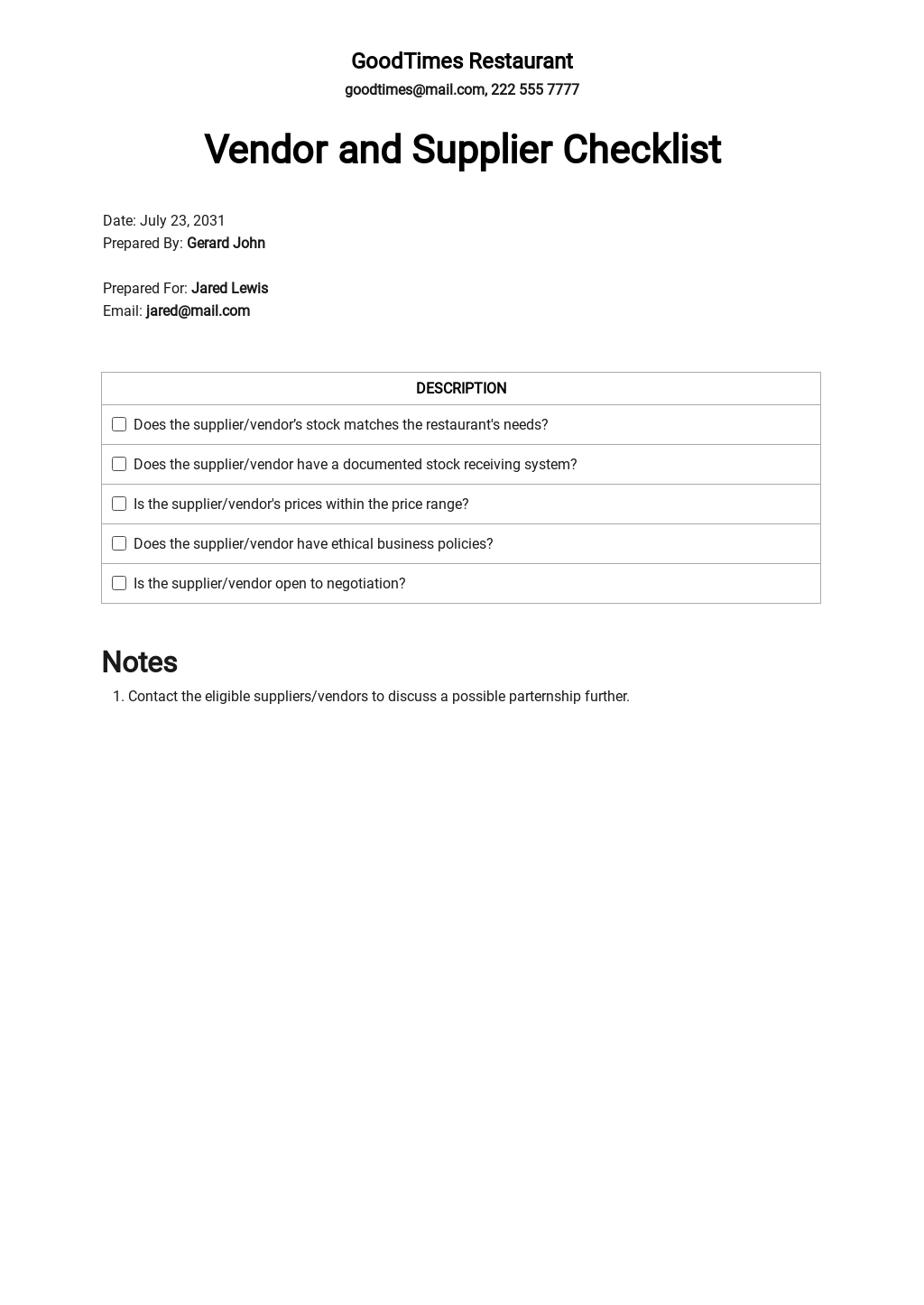 Restaurant Vendor and Supplier Checklist Template.jpe