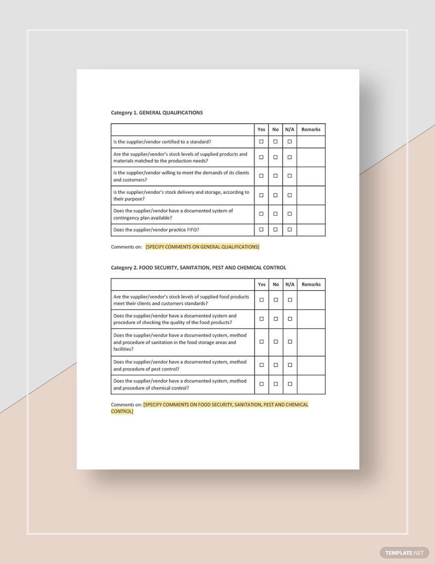 Restaurant Vendor and Supplier Checklist Template