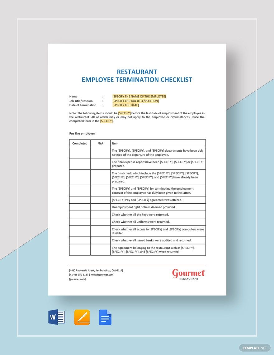 Restaurant Employee Termination Checklist Template