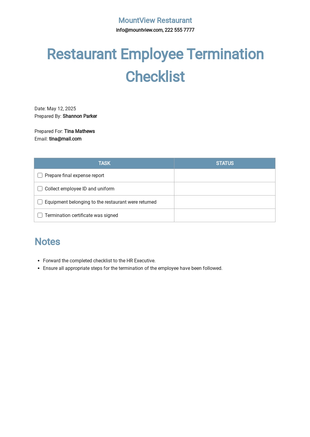 Restaurant Employee Termination Checklist Template.jpe