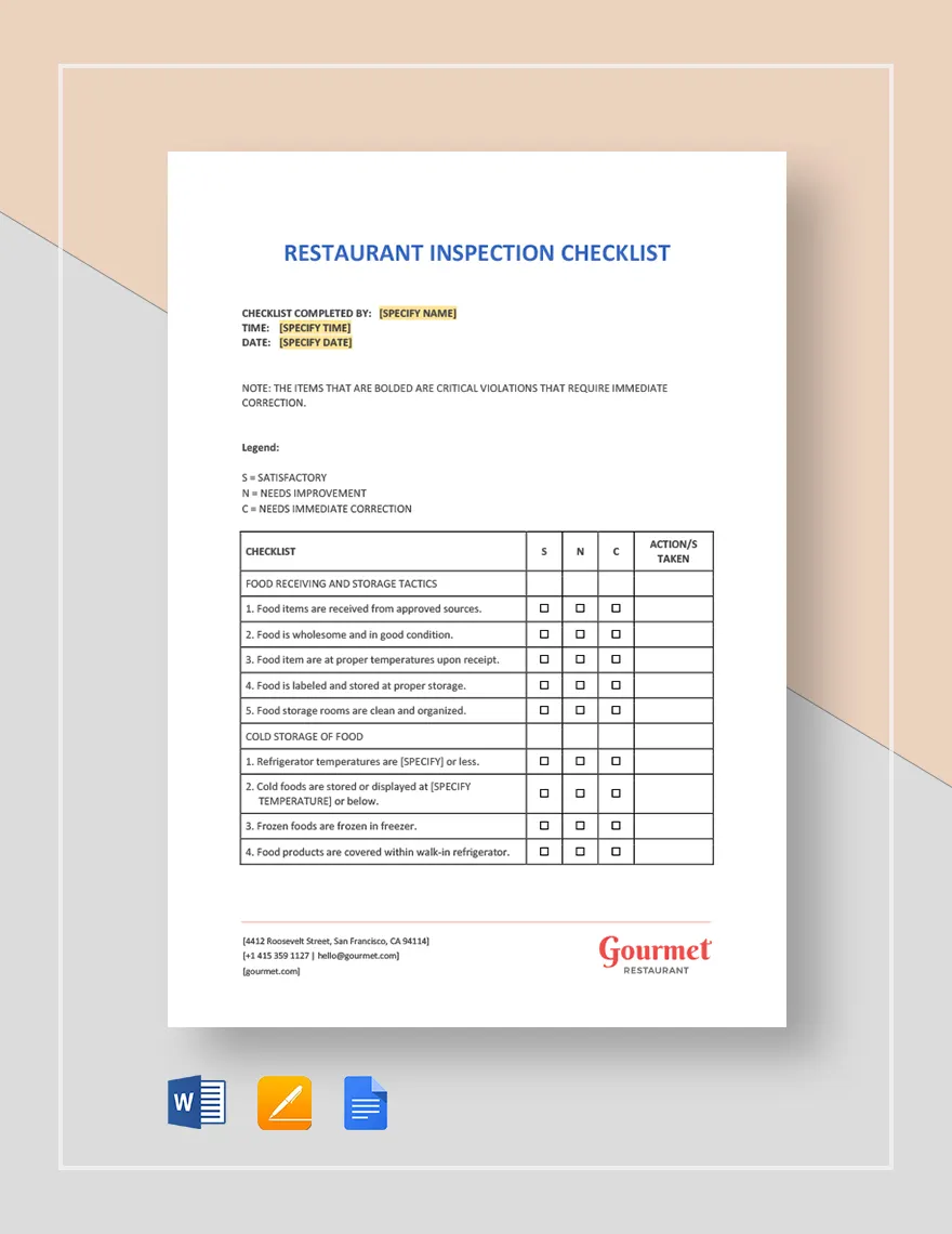Restaurant Inspection Checklist Template
