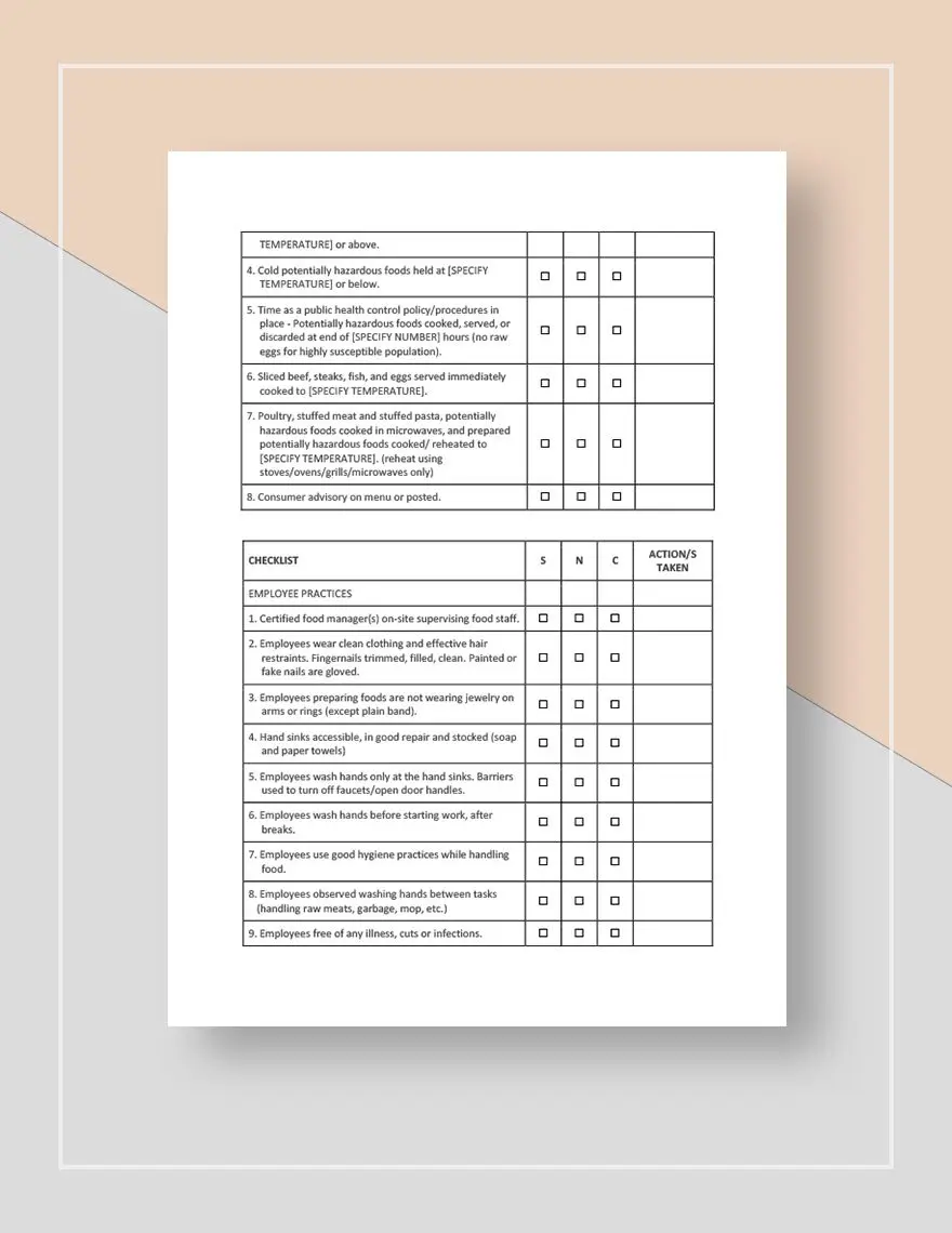 Restaurant Inspection Checklist Template