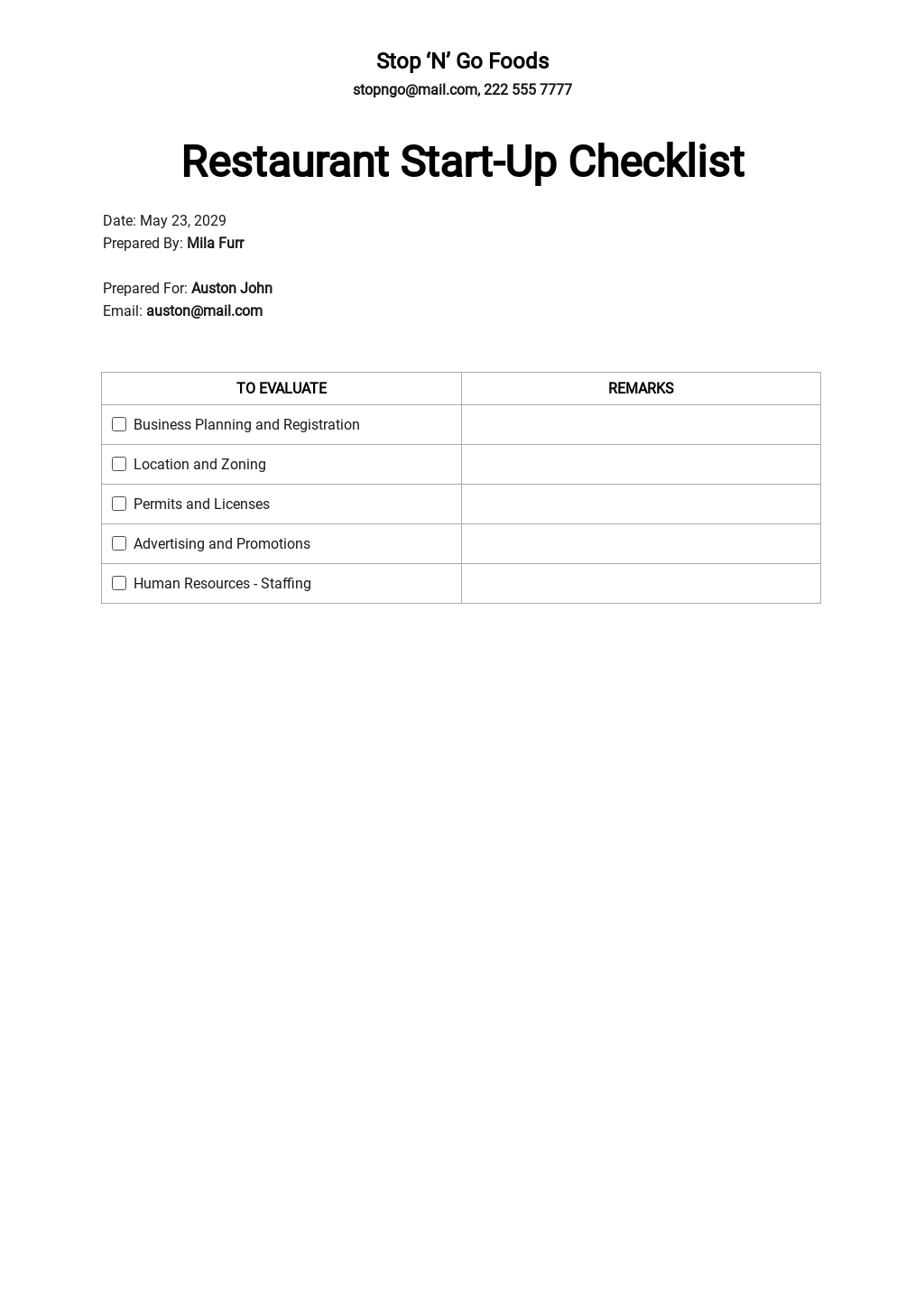 Restaurant Startup Checklist Template [Free PDF] Word (DOC) Apple