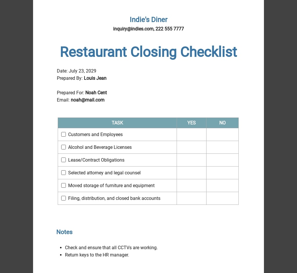 Kitchen Closing Checklist Template