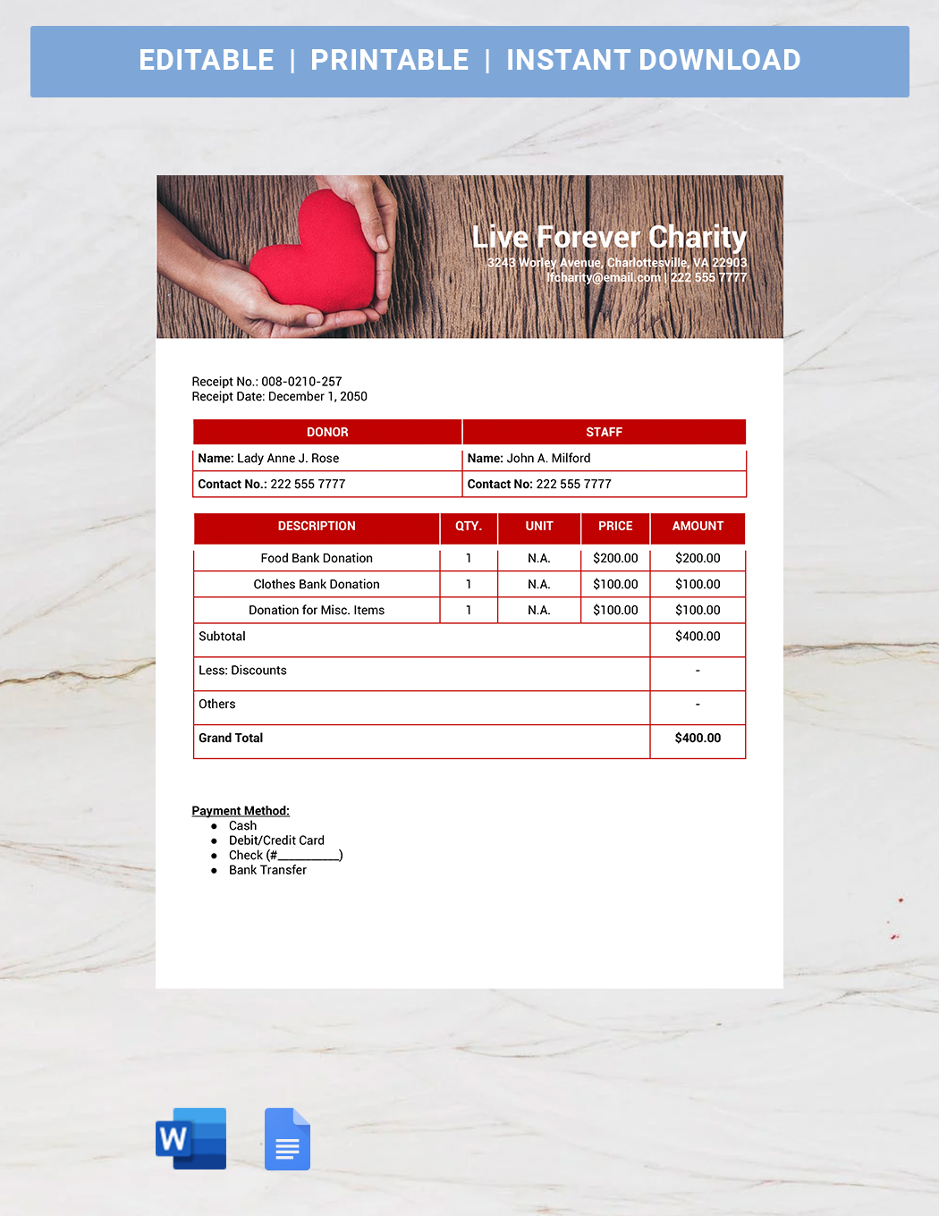 Donation Receipt Book Template Google Docs Word Template