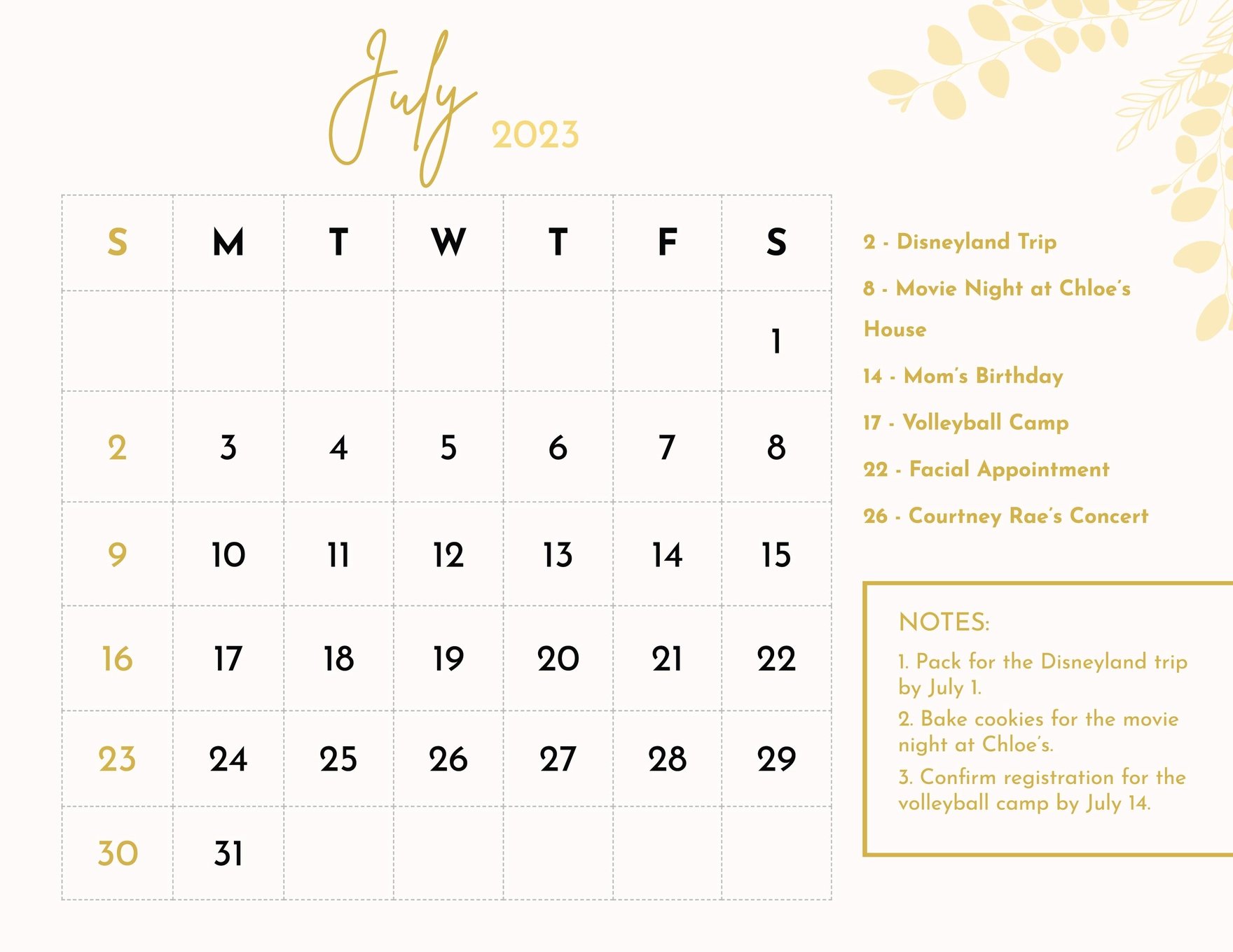 Floral July 2023 Calendar Template - Google Docs, Illustrator, Word ...