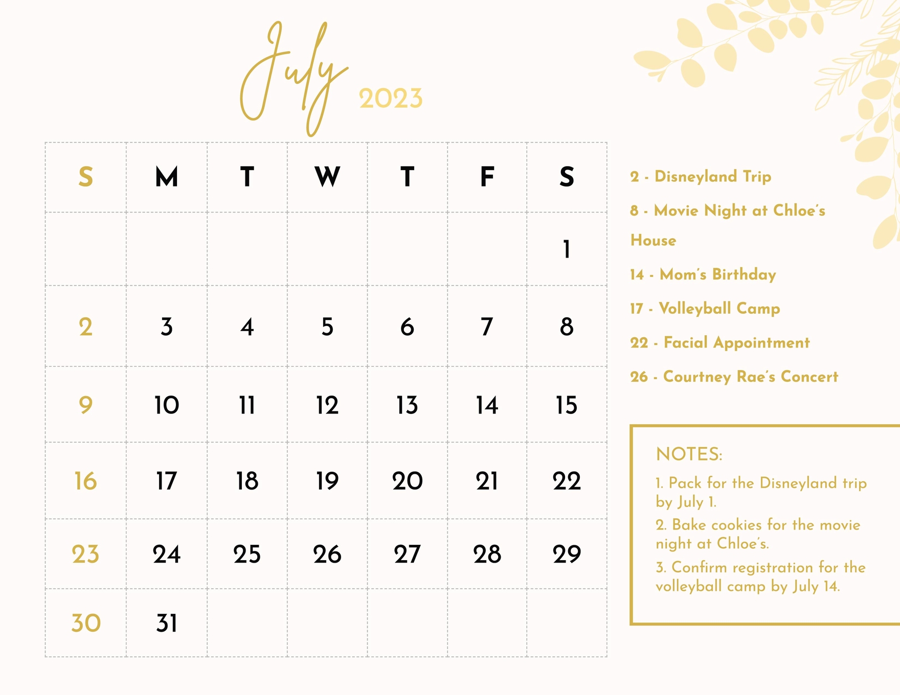 Fancy July 2023 Calendar