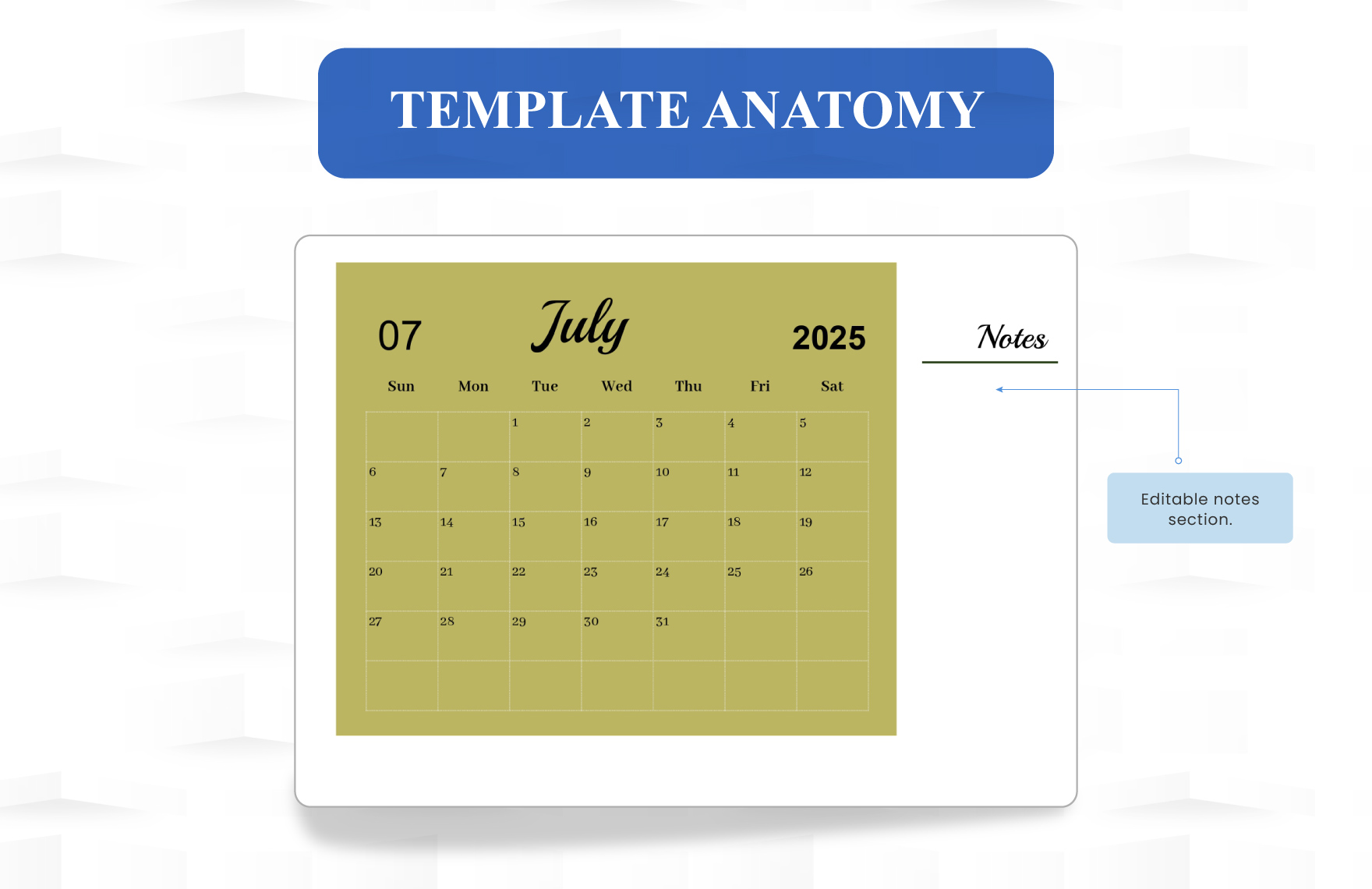 Blank July 2025 Calendar Template