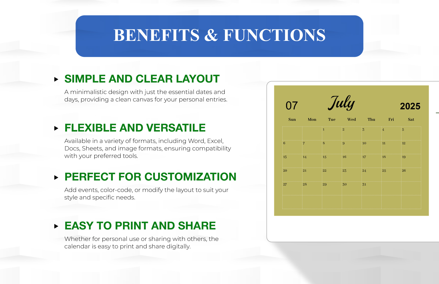 Blank July 2025 Calendar Template