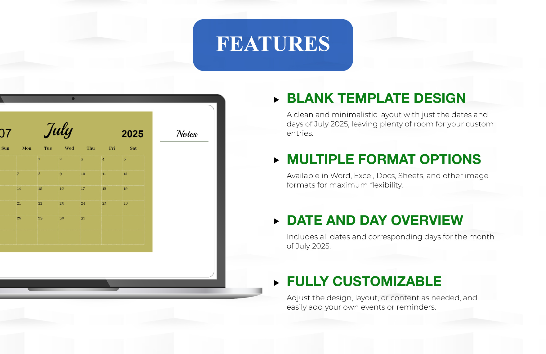 Blank July 2025 Calendar Template