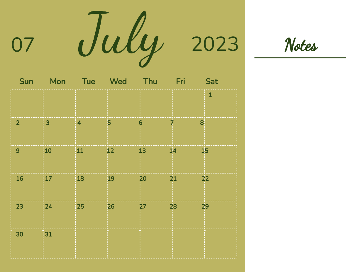 Blank July 2023 Calendar Template