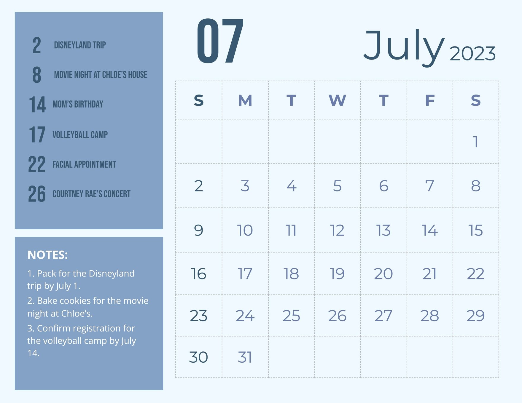 Blue July 2023 Calendar Template