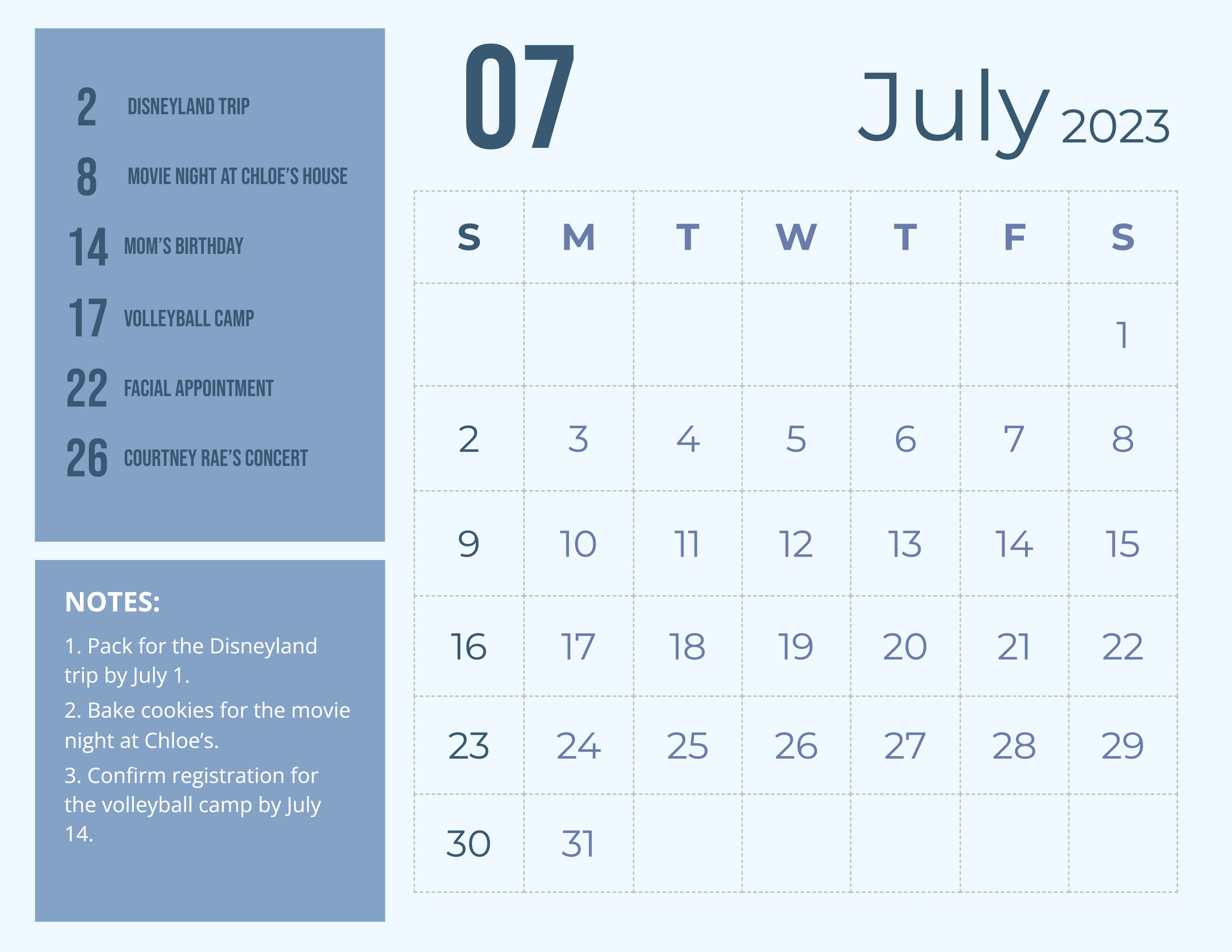 July 2023 Calendar Word Template
