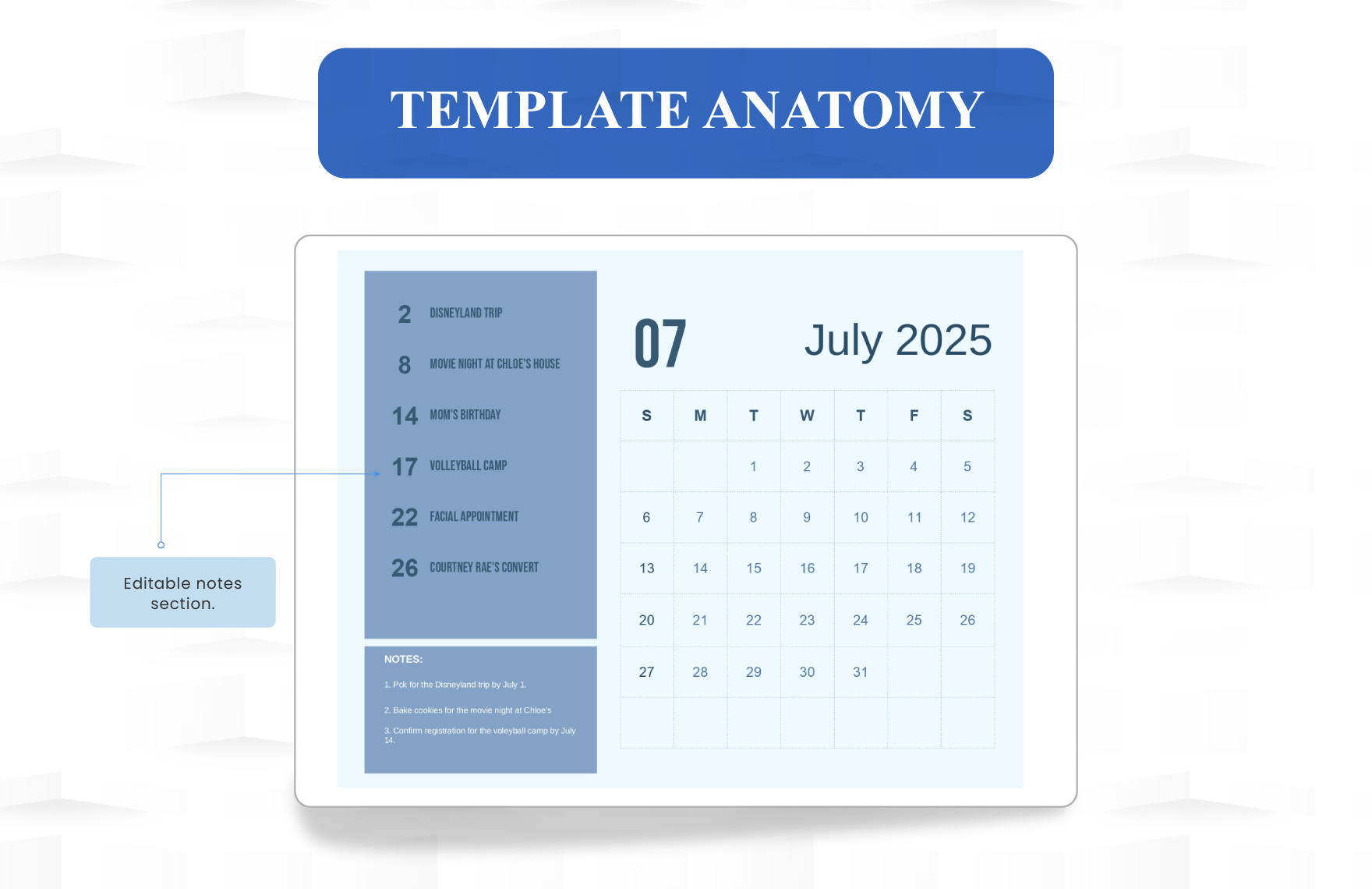 Blue July 2025 Calendar Template
