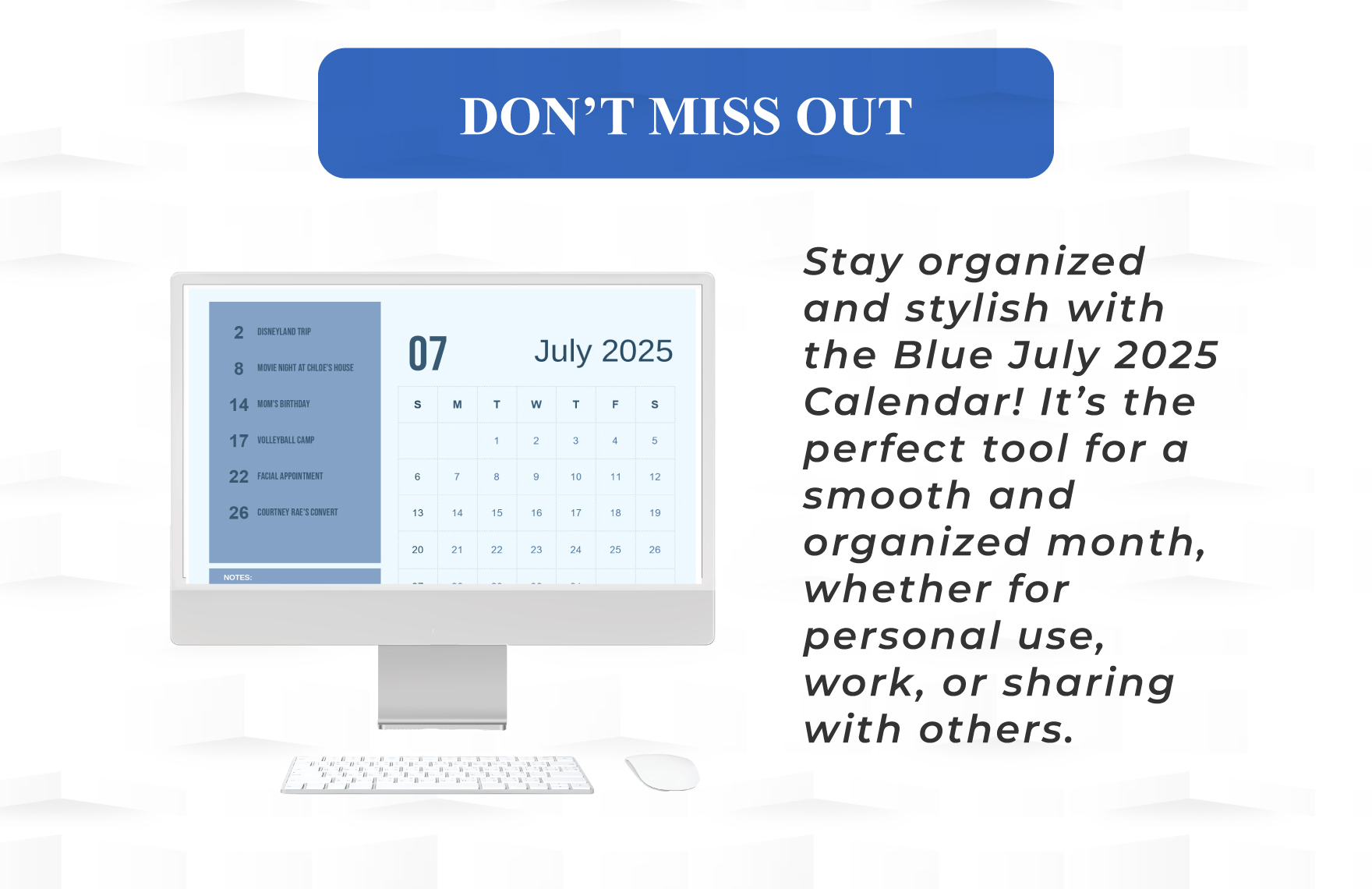 Blue July 2025 Calendar Template