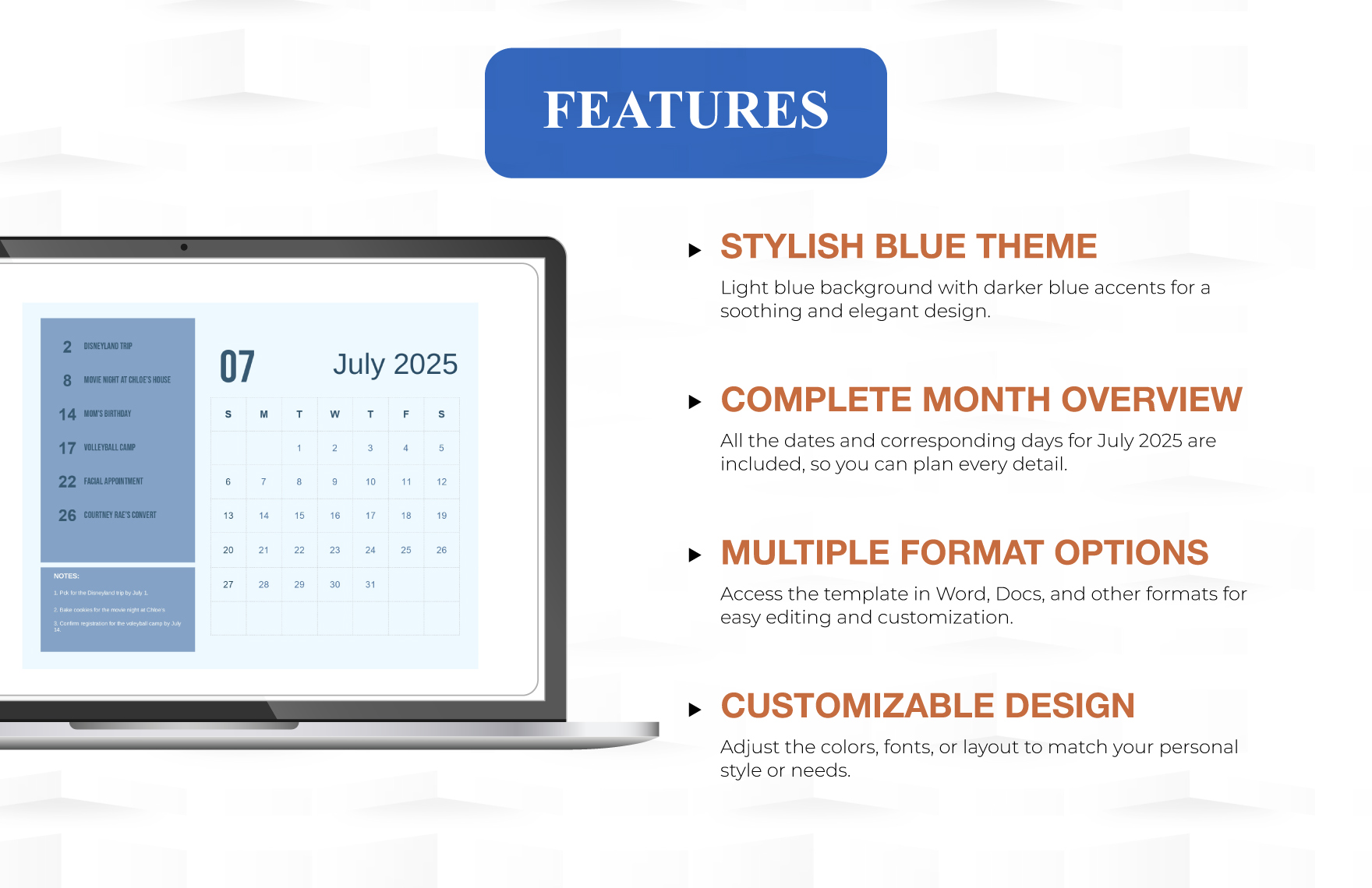 Blue July 2025 Calendar Template