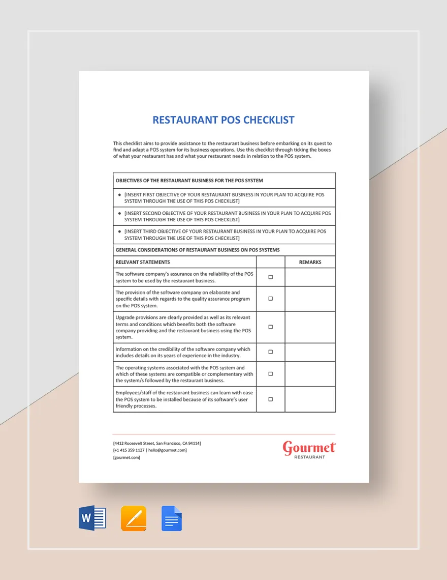 Restaurant POS Checklist Template