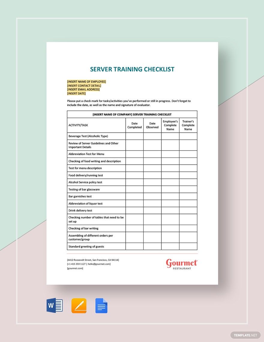 Server Training Checklist Template in Pages MS Word GDocsLink