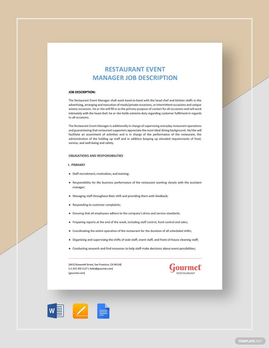 Restaurant Event Manager Job Description Download In Word Google