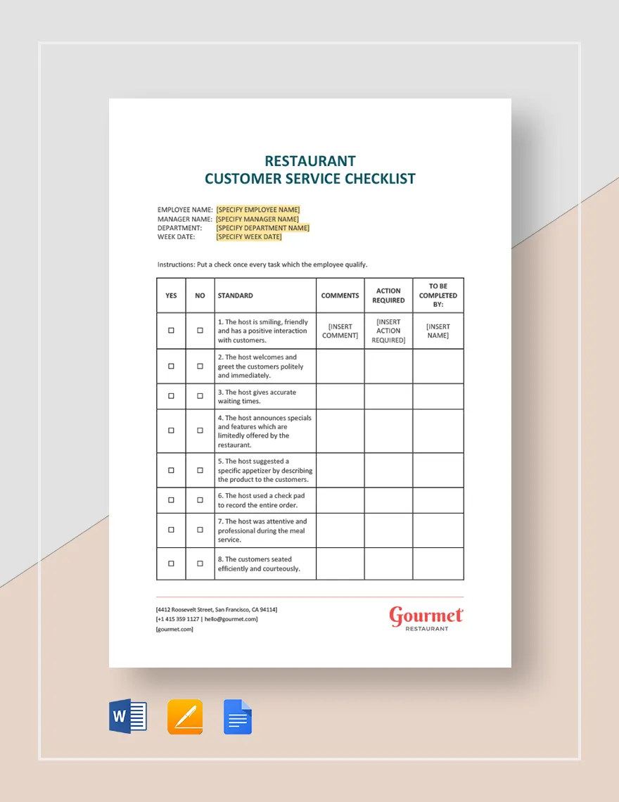 Restaurant Customer Service Checklist Template