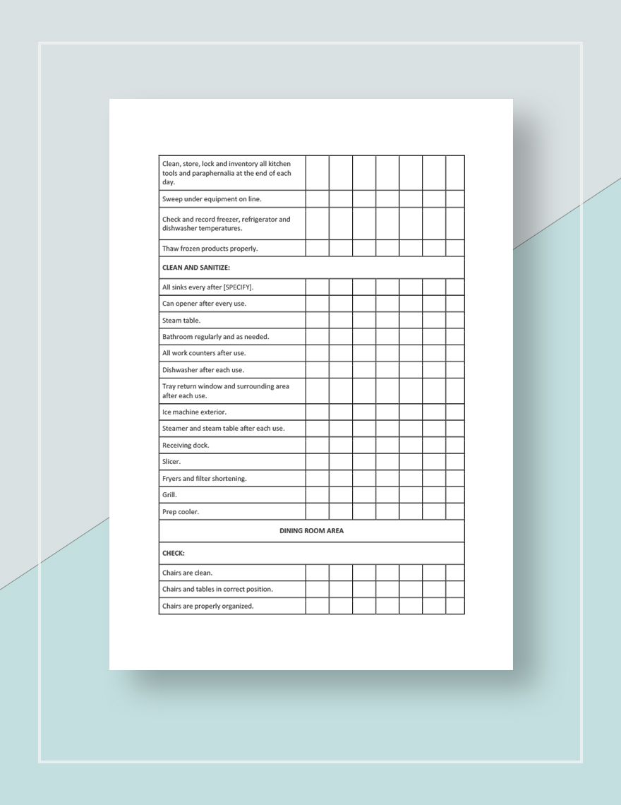 Restaurant Cleaning Checklist Template Download In Word Google Docs Apple Pages Template