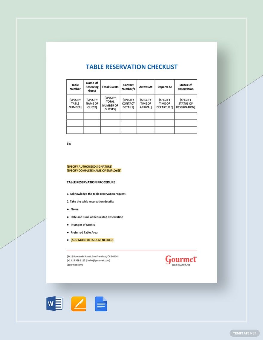 Table Reservation Checklist Template