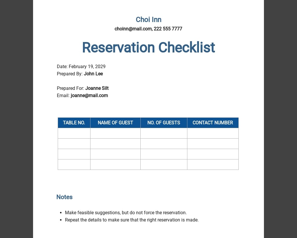 reservation template free download
