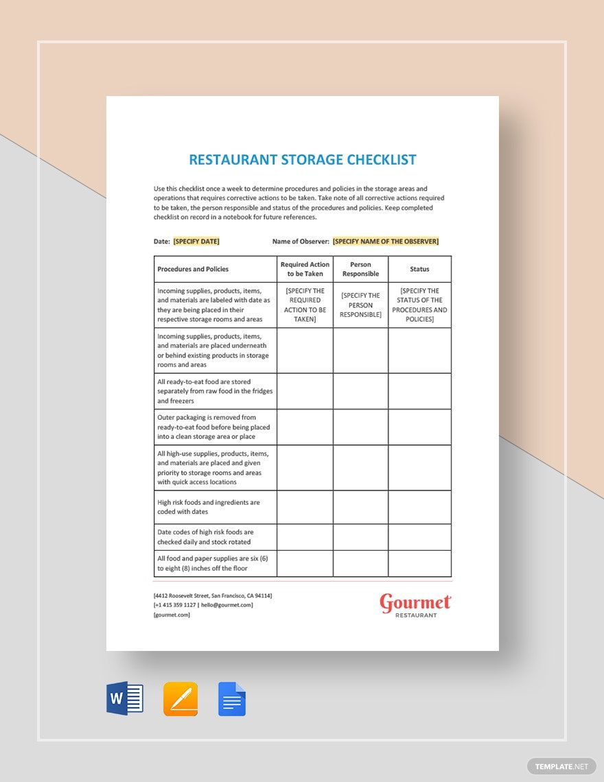Restaurant Storage Checklist Template