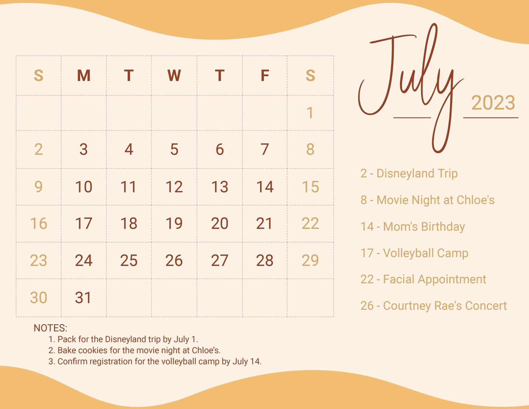 Calligraphy July 2023 Calendar in Illustrator, MS Word, MS Excel, SVG