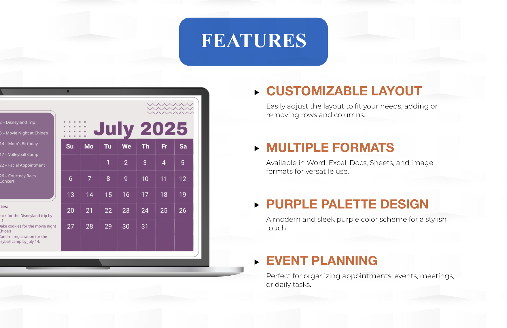 Simple July 2025 Calendar Template