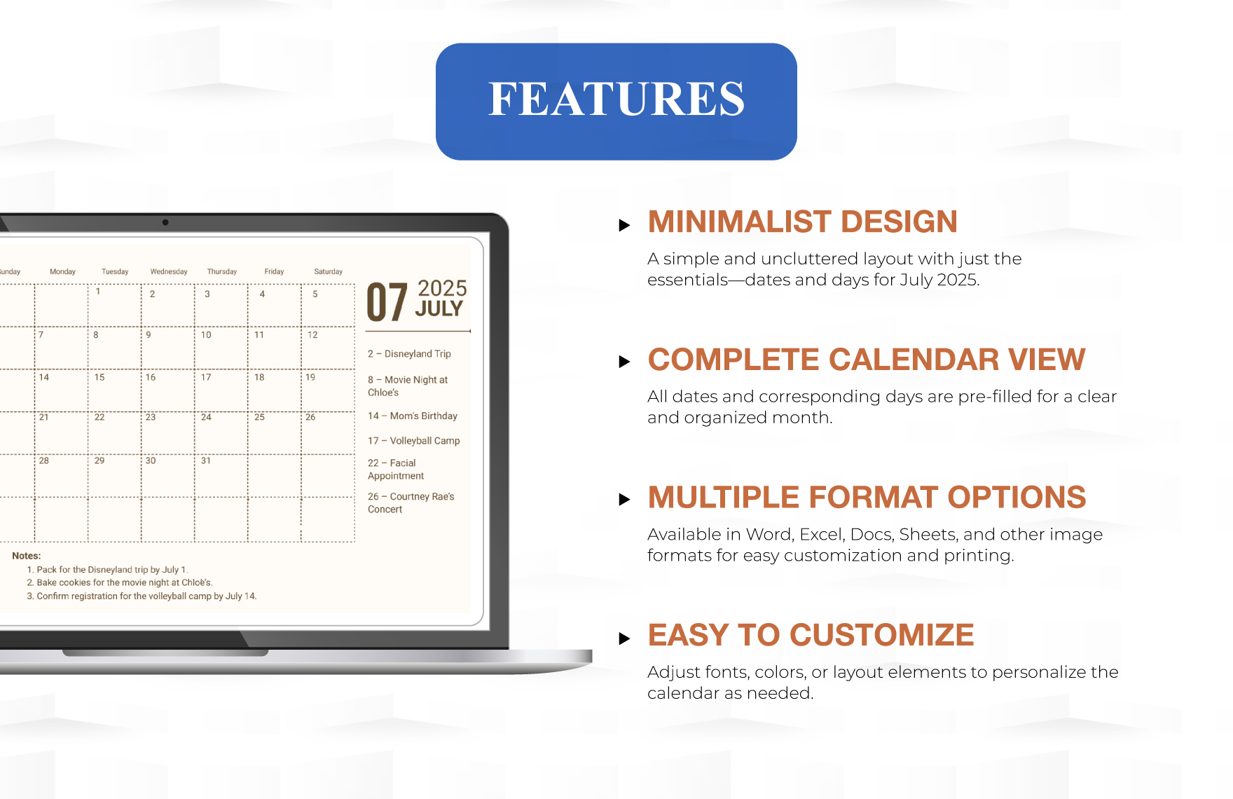 Printable July 2025 Monthly Calendar Template