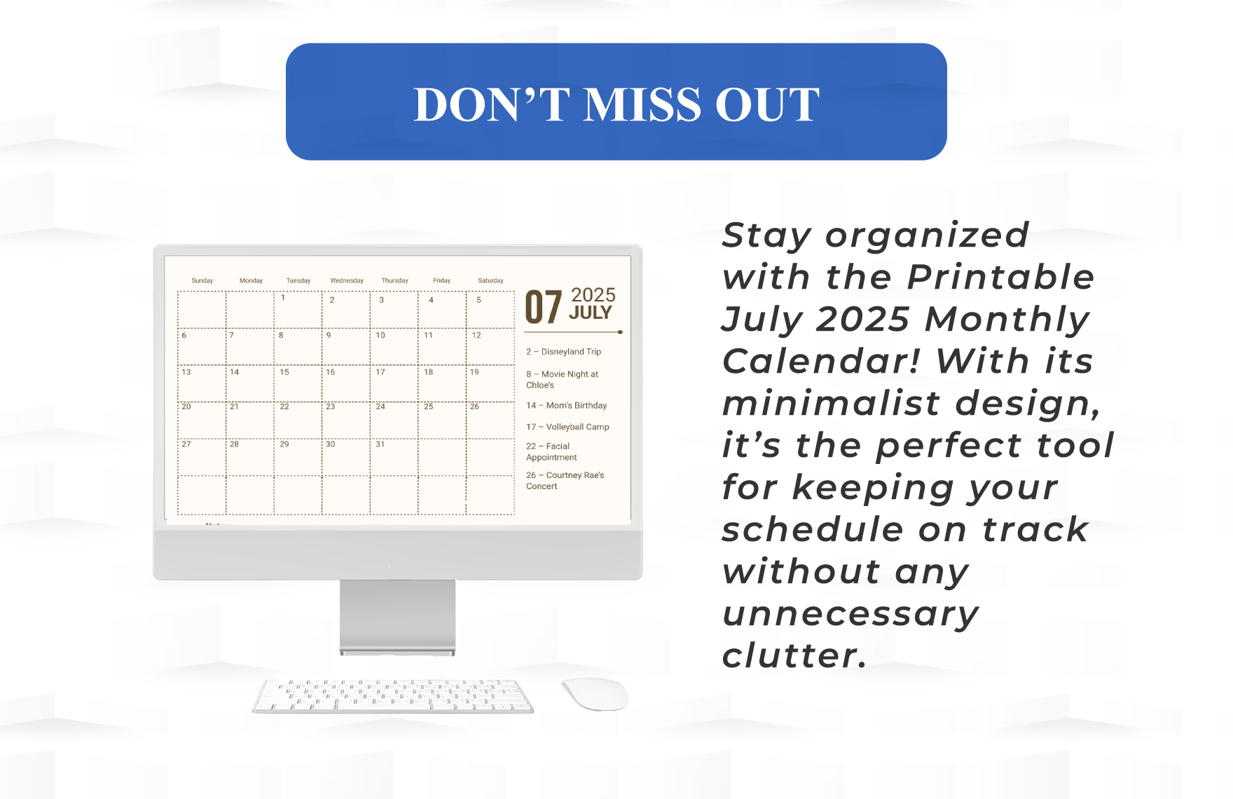 Printable July 2025 Monthly Calendar Template