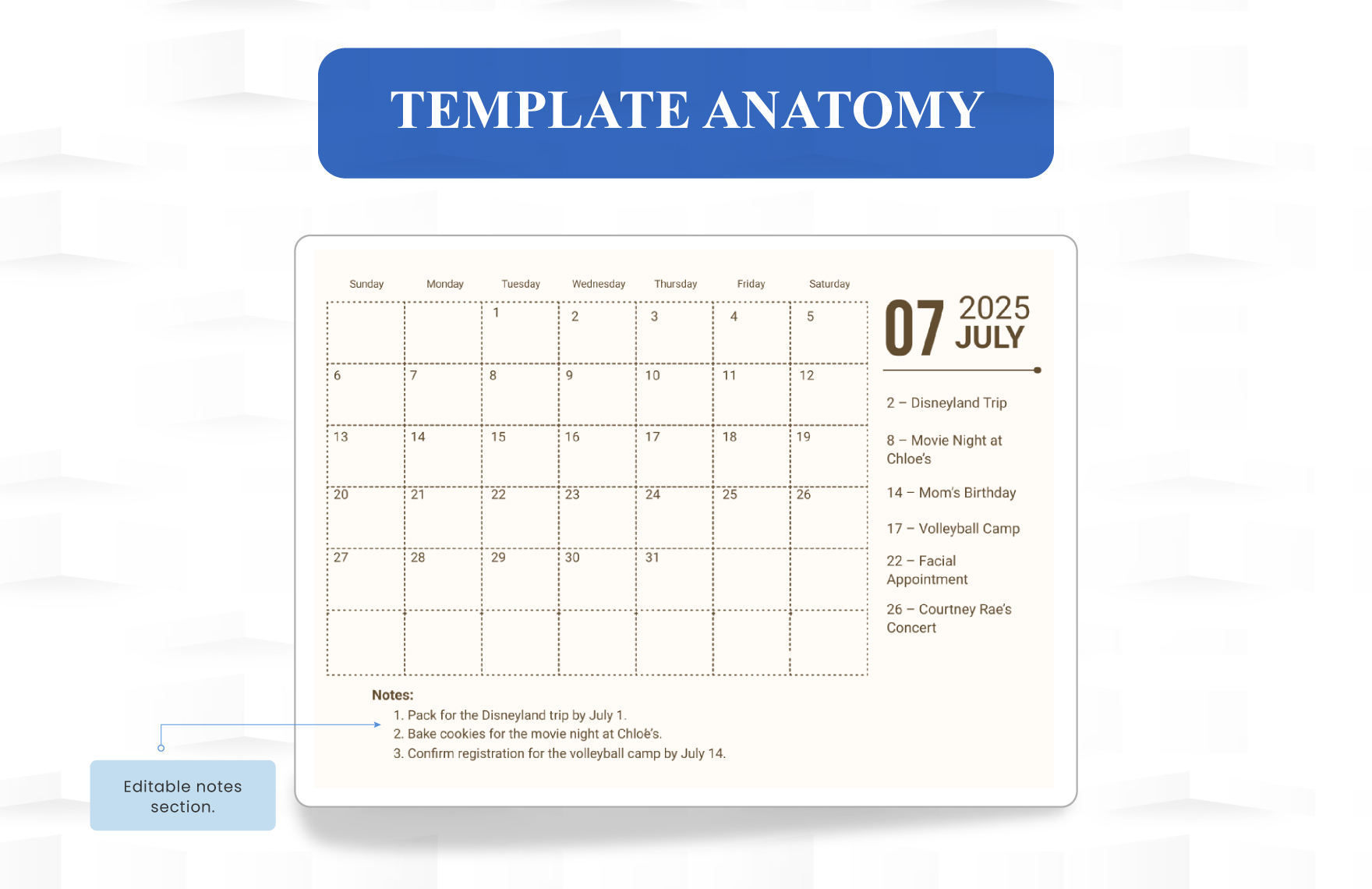 Printable July 2025 Monthly Calendar Template