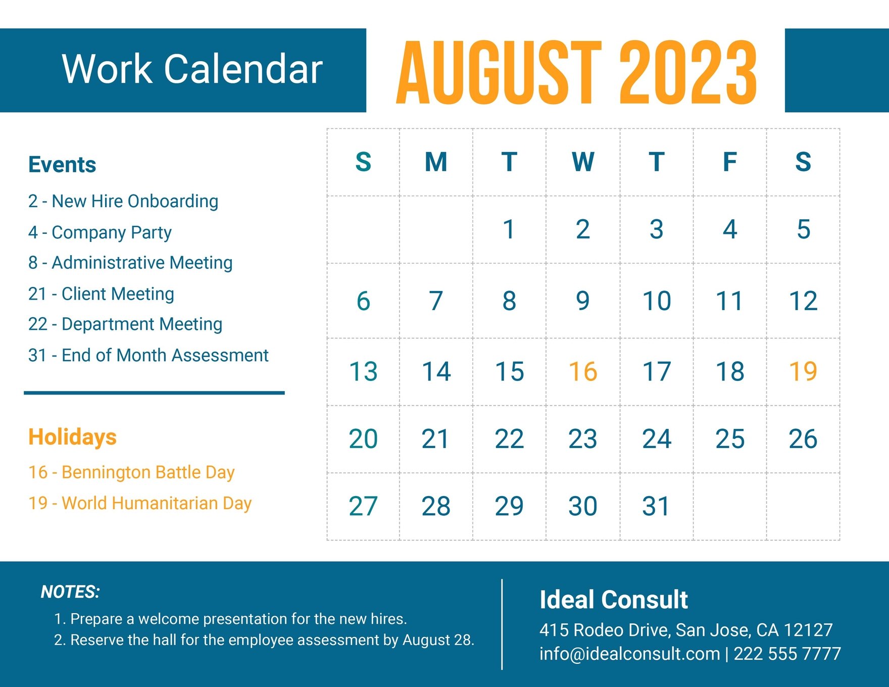 August 2023 Calendar Template With Holidays