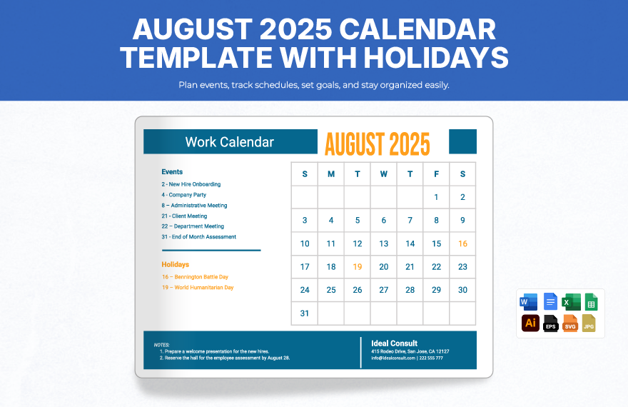 August 2025 Calendar Template With Holidays in Word, Google Docs, Excel, Google Sheets, Illustrator, EPS, SVG, JPG