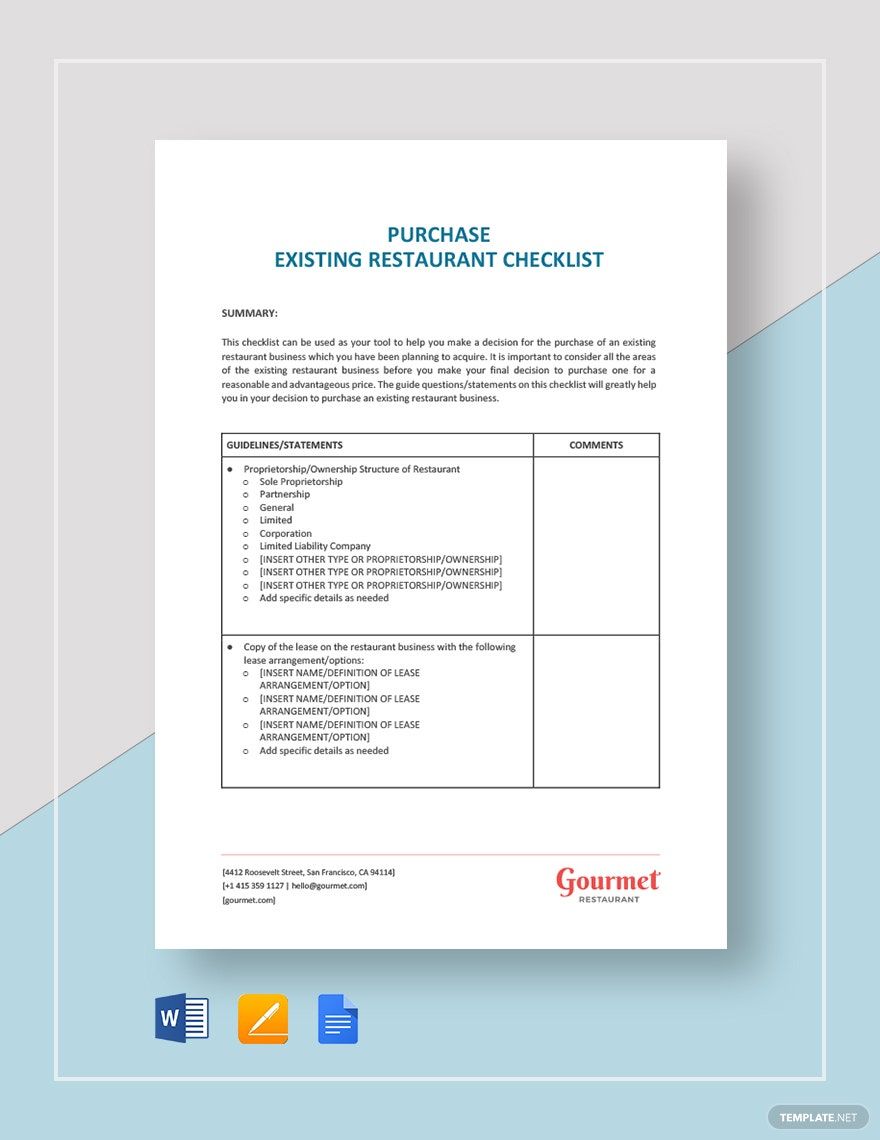 Purchase Existing Restaurant Checklist Template