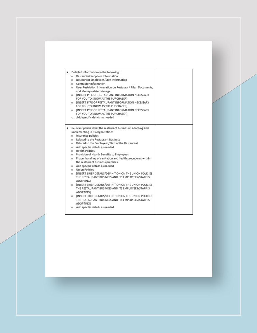 Purchase Existing Restaurant Checklist Template