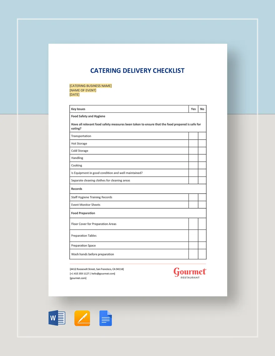 Catering Delivery Checklist Template in Word, Google Docs, Apple Pages