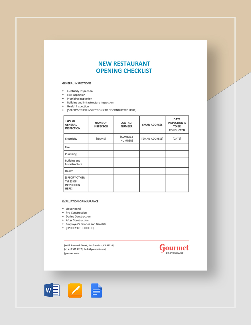 New Restaurant Opening Checklist Template Google Docs, Word, Apple