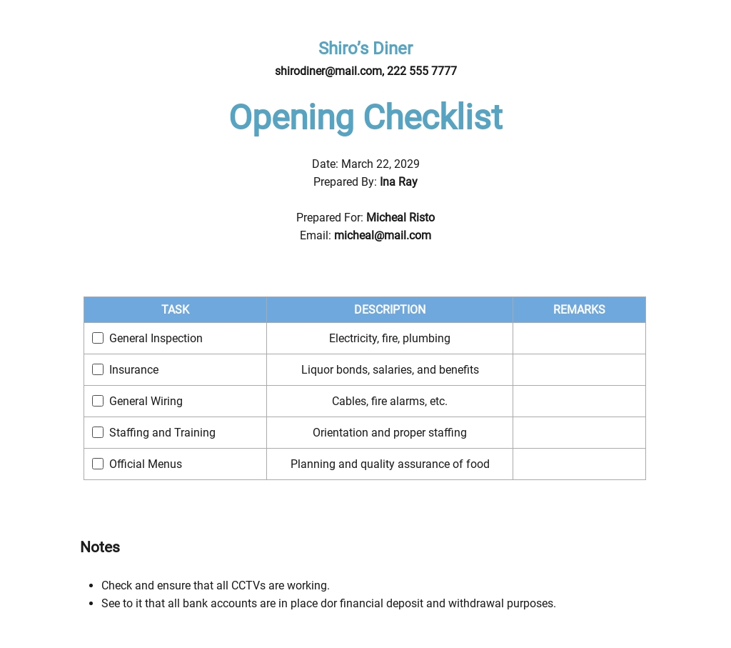 New Restaurant Opening Checklist Template Word (DOC) Apple (MAC