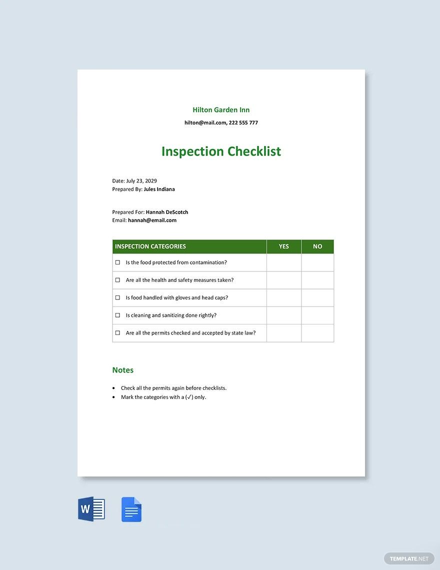 Restaurant Multi Unit Inspection Checklist Template - Google Docs, Word ...