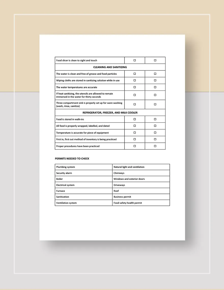 Restaurant Multi Unit Inspection Checklist Template