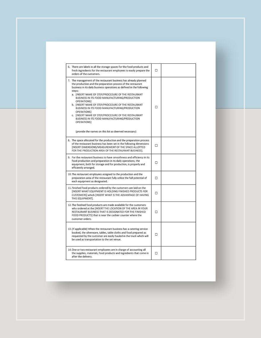 Restaurant Manufacturer Analysis Checklist Template